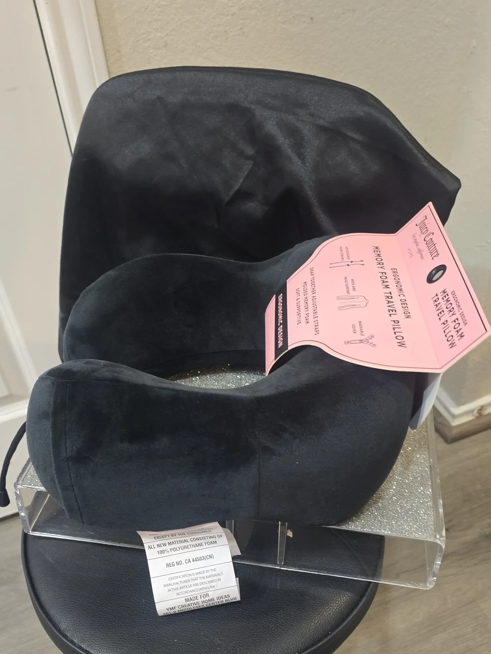 Juicy Couture Home Rhinestone Goddess Memory Foam Travel Pillow- Black